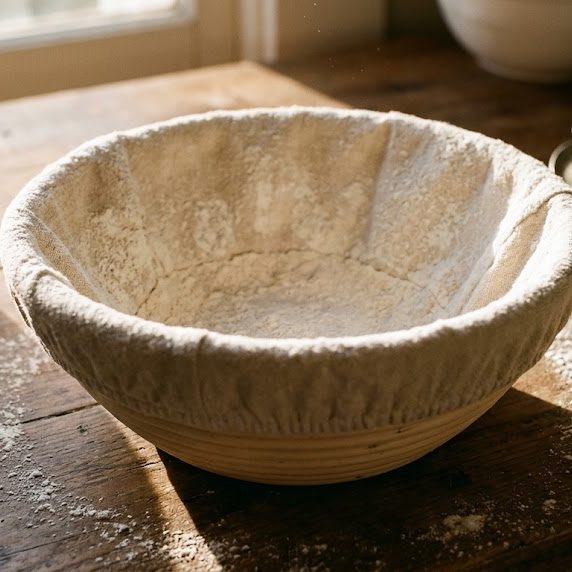 A round wooden banneton lined with a floured linen cloth, resting on a wooden table beside a sifter and a jar of sourdough starter.