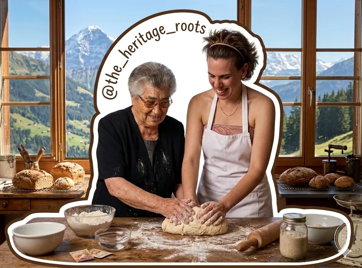 The Heritage Roots sticker: two women kneading dough at a floured wooden table in front of a sunlit window, framed by a thick brown and white border with @the_heritage_roots lettered across the top.